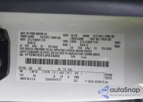 2018 Ford F-150 King Ranch z USA, uszkodzony, nr VIN 1FTEW1EG1JFE34202